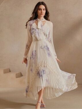 Anewsta Ivory Lavender Floral Pleated High-Low Dress Size M/US 6